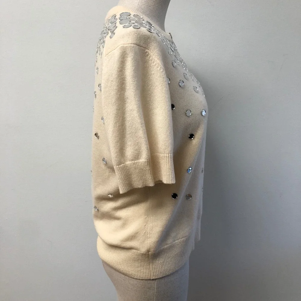Michael Kors Full Zip Cardigan Womens Large White 100% Cashmere Sequin‎